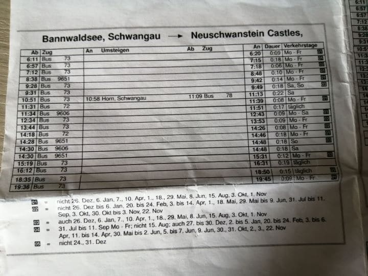 キャンプ場からノイシュバンシュタイン城へのバスの時刻表