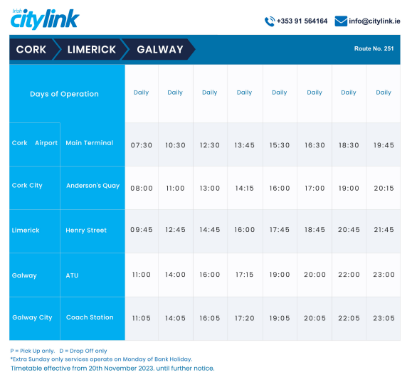 コーク空港発リメリック、ゴールウェイ行長距離バスの時刻表